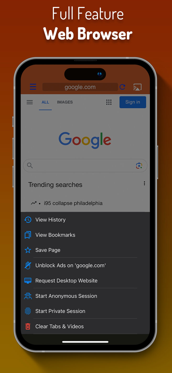 iWebTV browser menu with history, bookmarks, privacy, and desktop mode