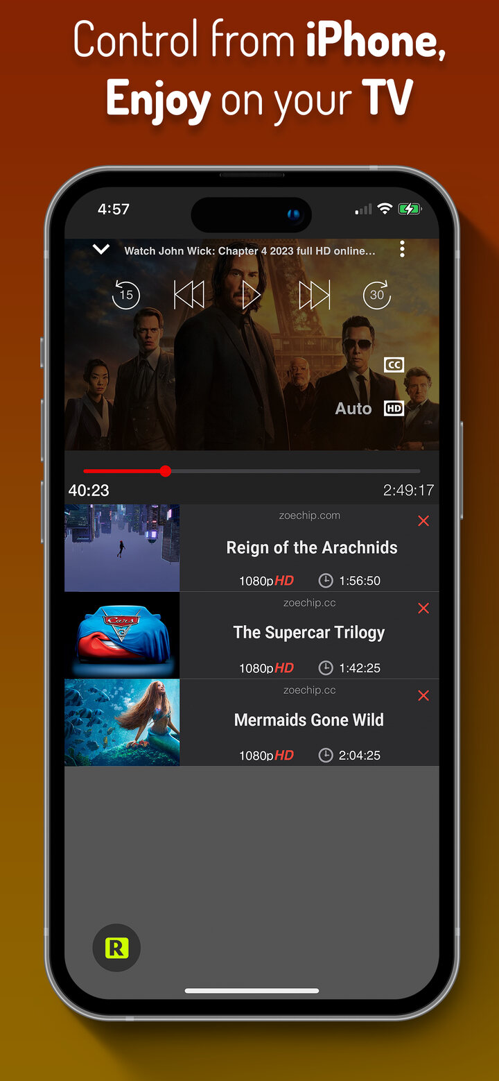 iWebTV playback controls and video queue on an iPhone