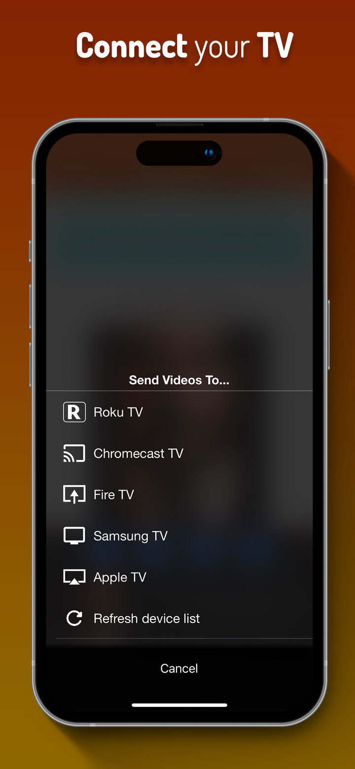 iWebTV device picker listing supported televisions and streaming players