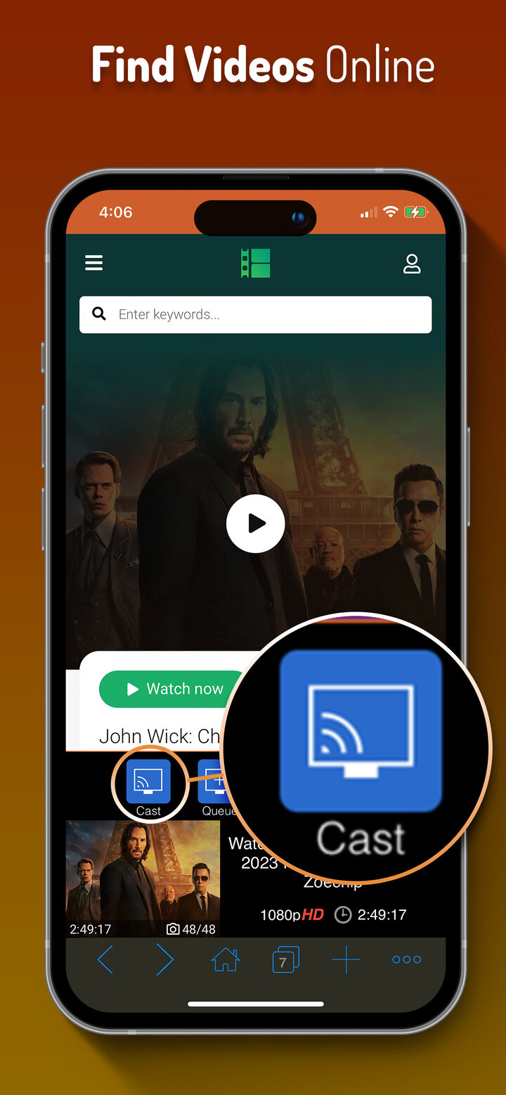 iWebTV browser with the Cast button highlighted for an online video